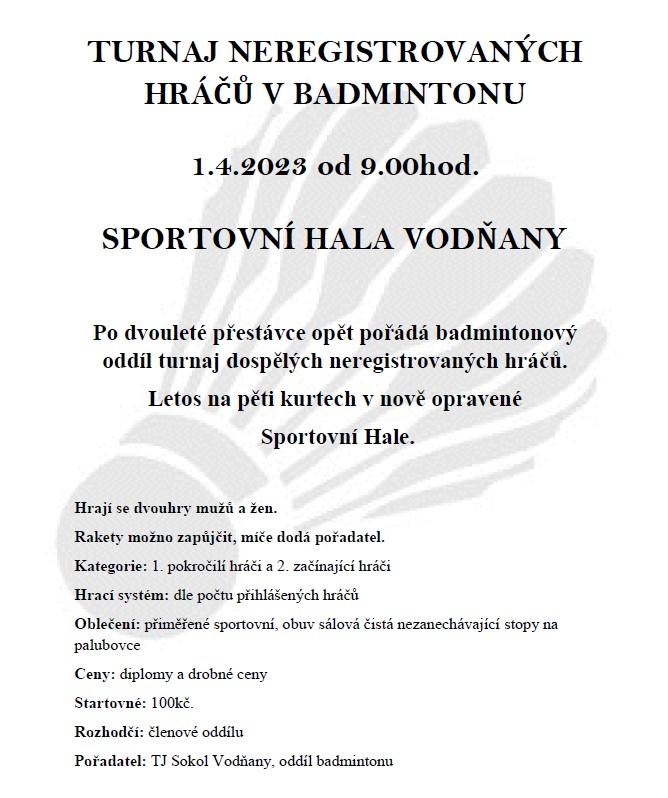 Plakát Turnaj neregistrovaných hráčů v badmintonu